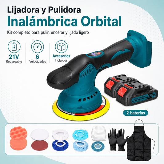 Pulidora y Lijadora Orbital Inalámbrica 21V con Kit Completo de Accesorios