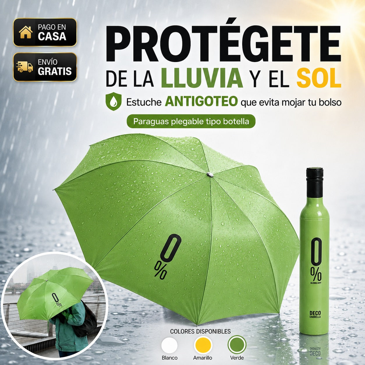 Paraguas Plegable Tipo Botella para Lluvia y Sol