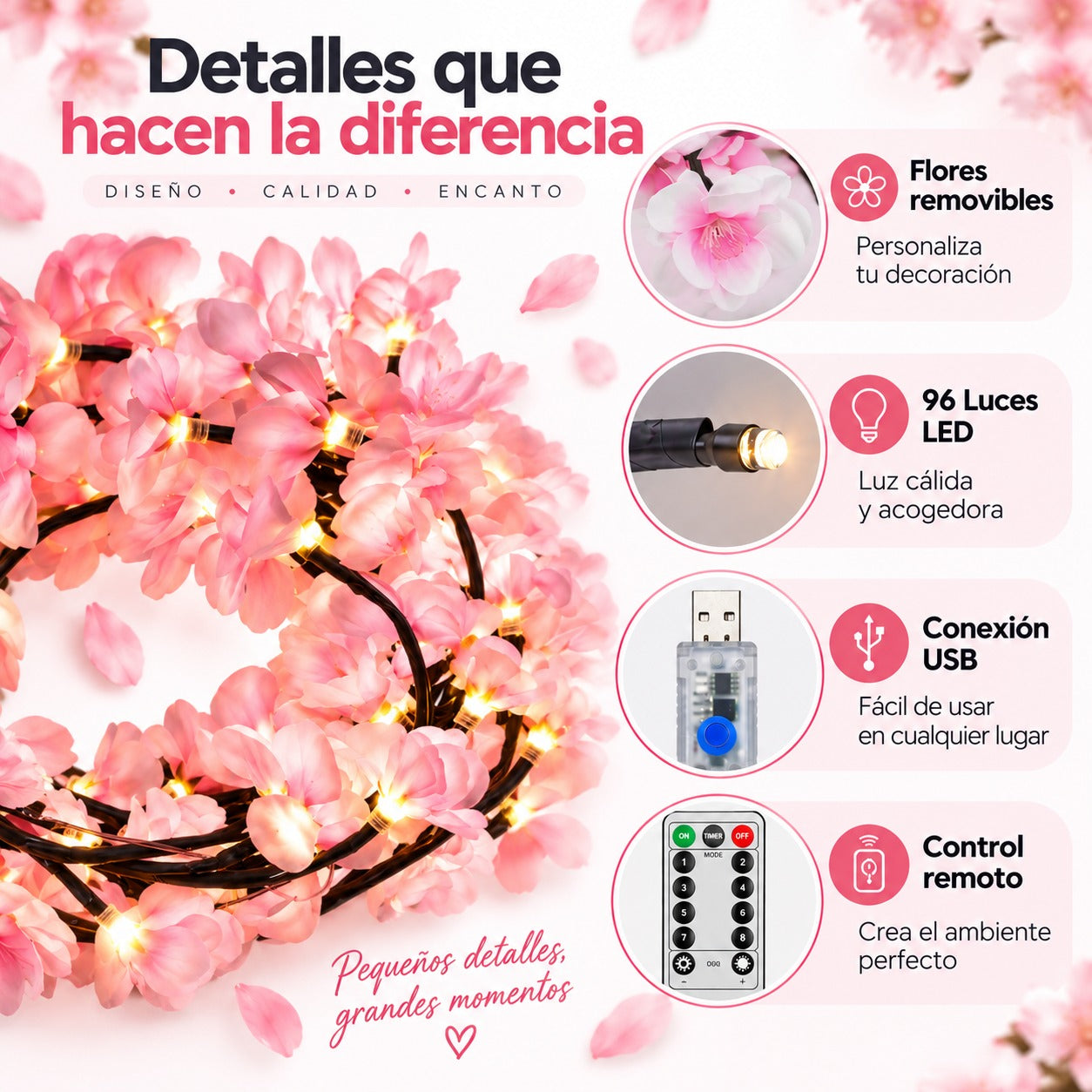 Dale un toque de naturaleza y sofisticación a tus espacios  - Rama Decorativa LED de Flores de Cerezo