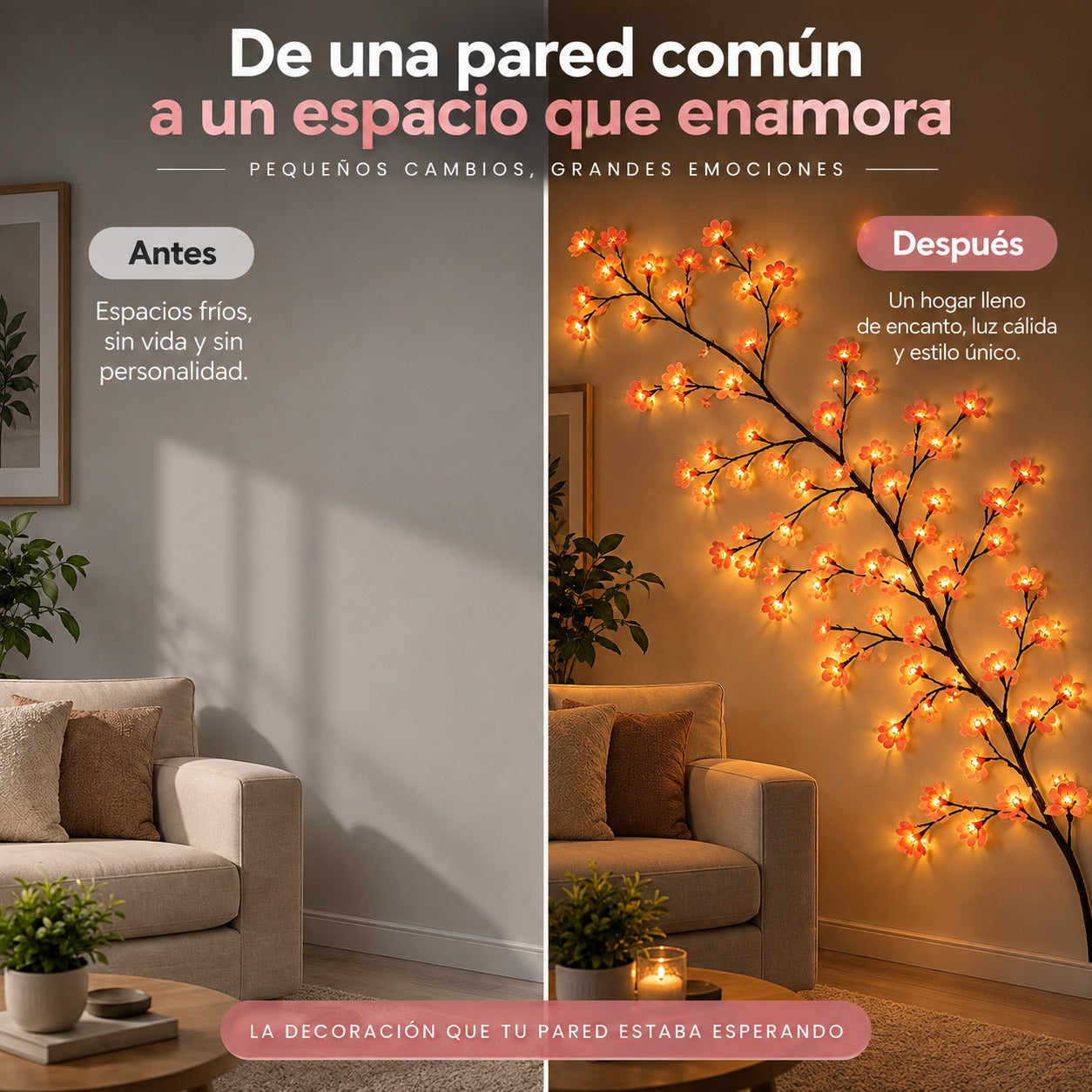Dale un toque de naturaleza y sofisticación a tus espacios  - Rama Decorativa LED de Flores de Cerezo