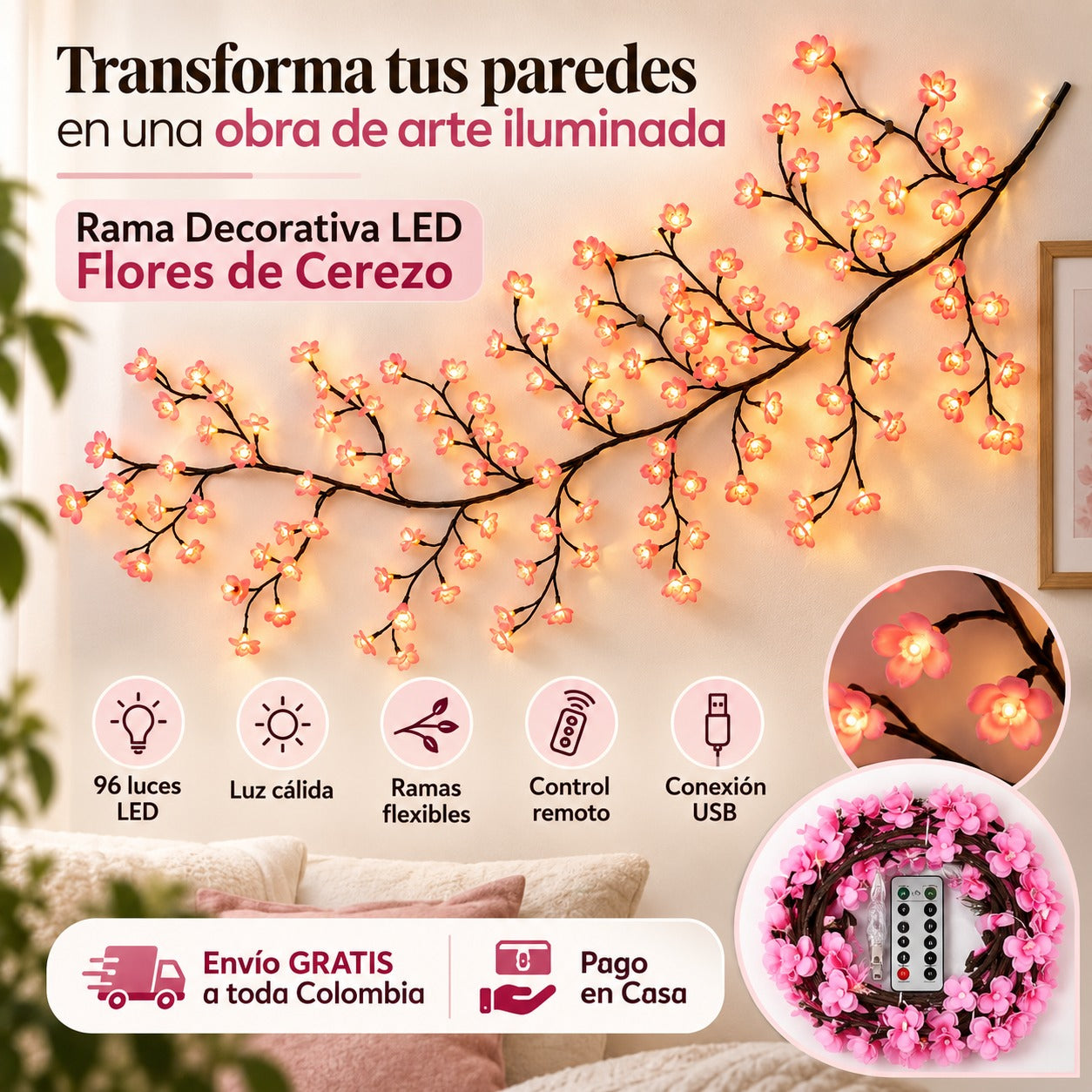 Dale un toque de naturaleza y sofisticación a tus espacios  - Rama Decorativa LED de Flores de Cerezo
