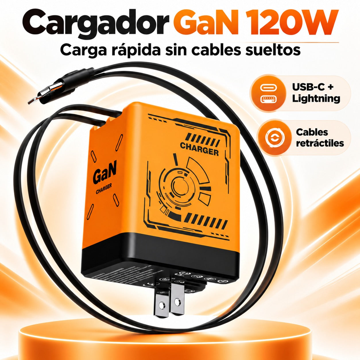 VoltGo™ — Cargador GaN 120W con Cables Retráctiles Integrados