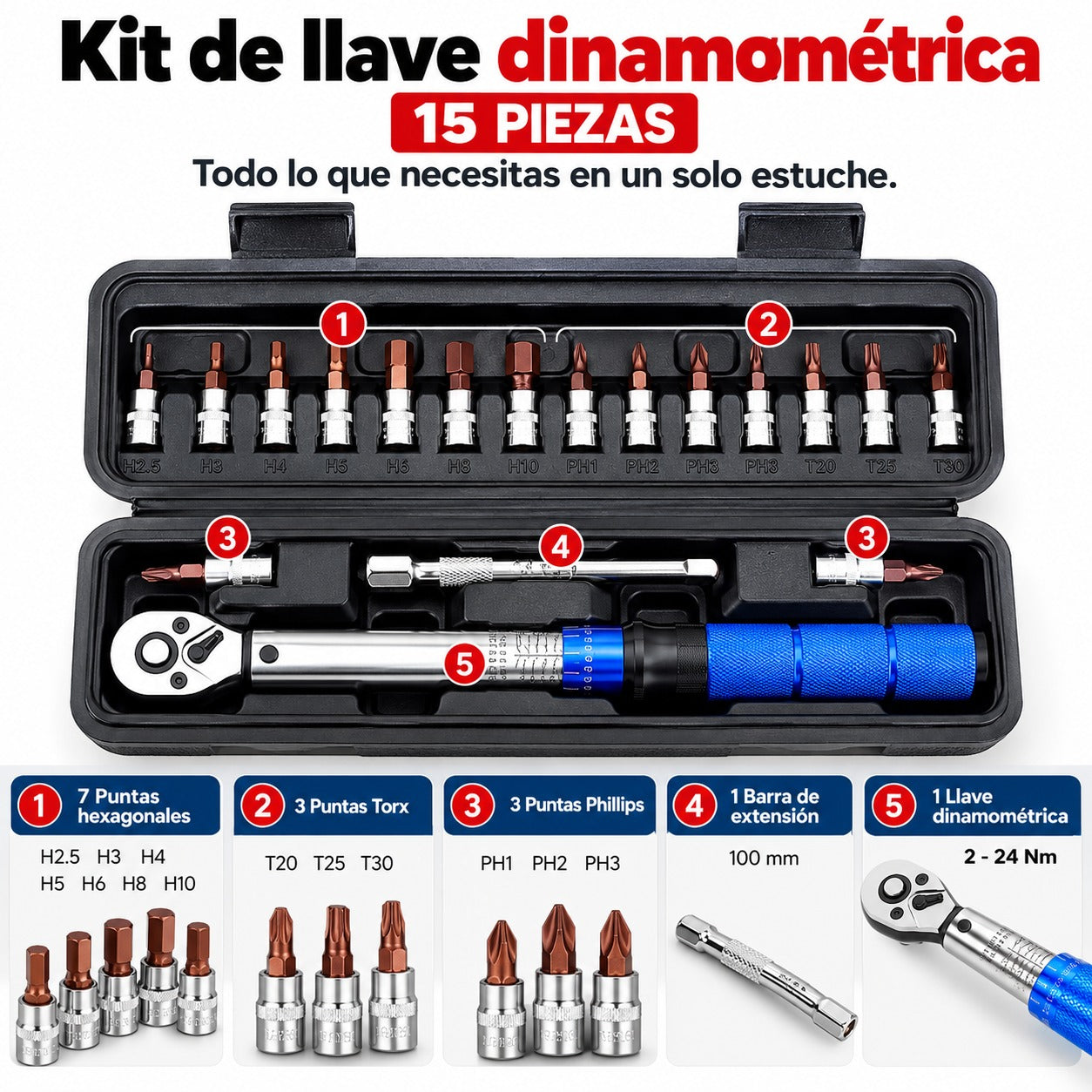 🔧 Kit Dinamométrico de Precisión para Bicicletas – 15 Piezas