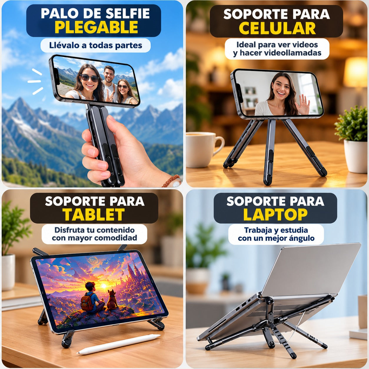 Soporte Plegable Multifuncional 4 en 1 para Laptop, Tablet y Celular