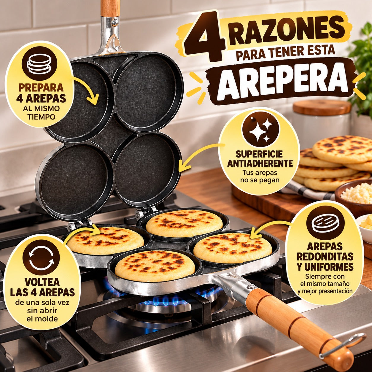 Arepera Antiadherente de 4 Puestos | Prepara y Voltea 4 Arepas Fácilmente