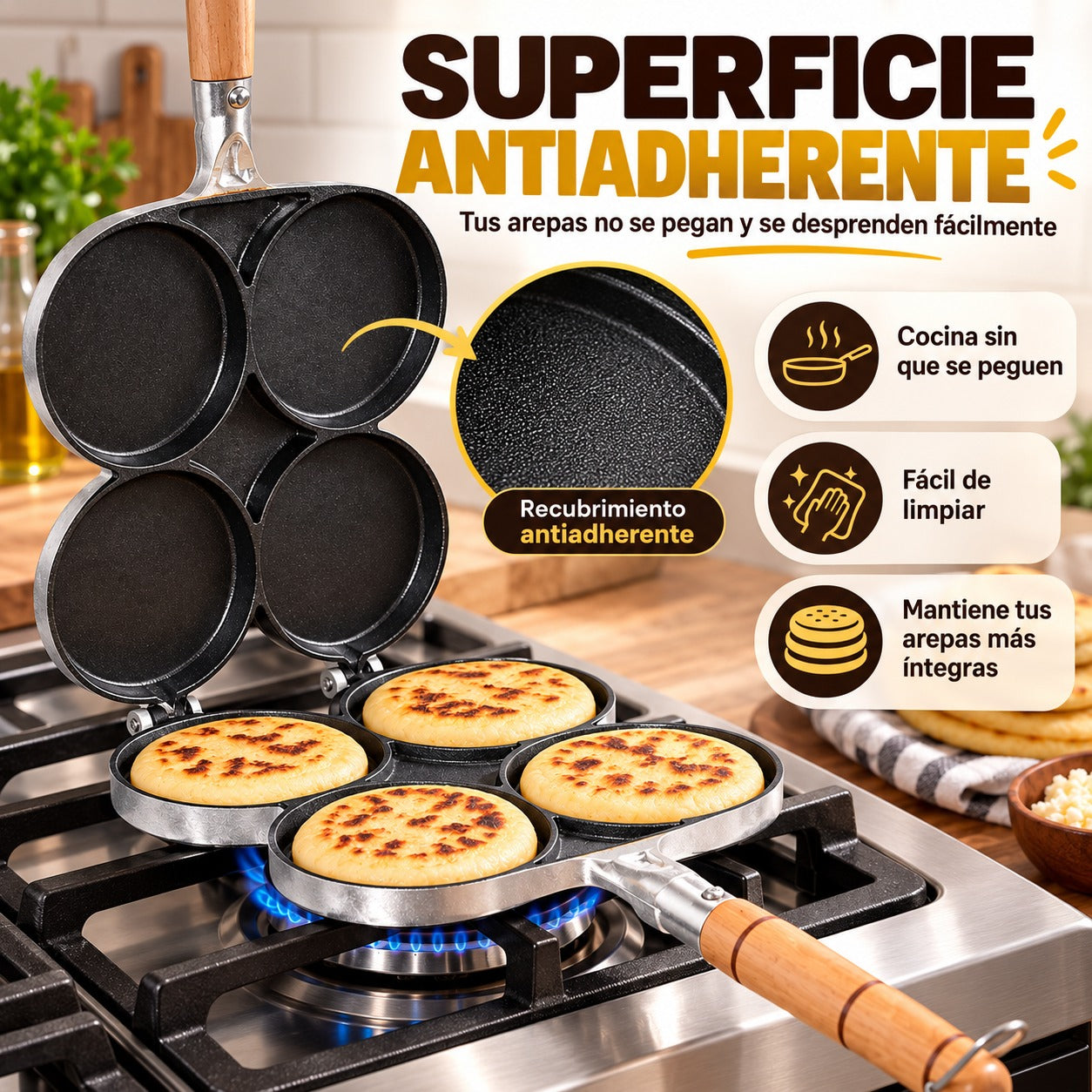 Arepera Antiadherente de 4 Puestos | Prepara y Voltea 4 Arepas Fácilmente