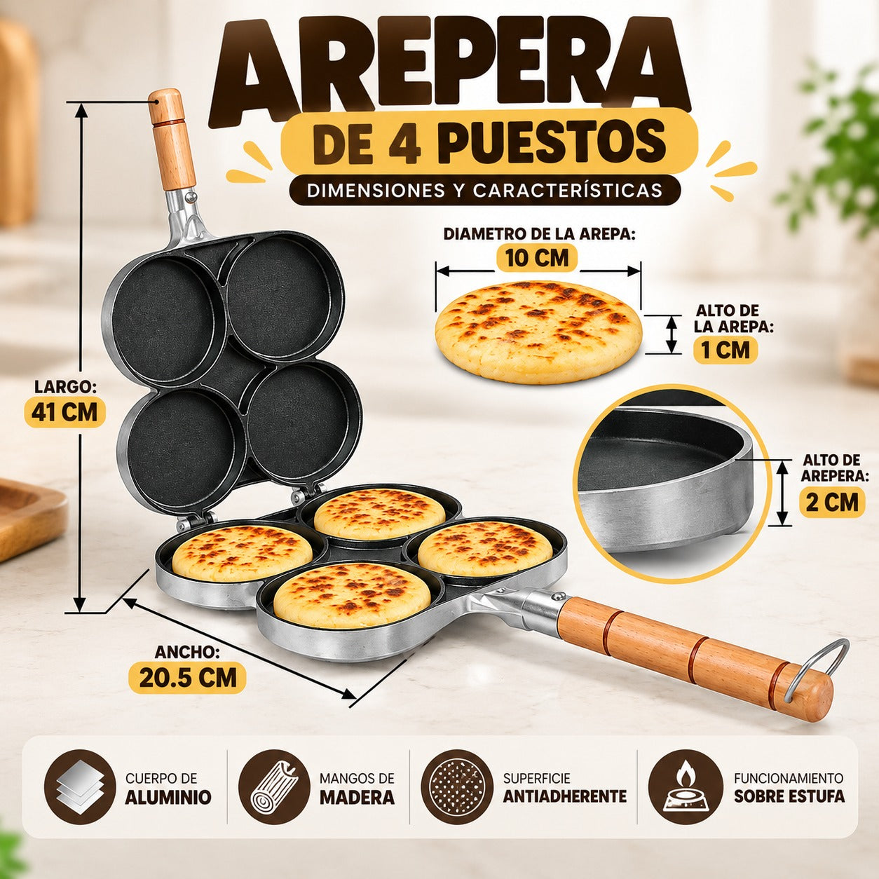 Arepera Antiadherente de 4 Puestos | Prepara y Voltea 4 Arepas Fácilmente