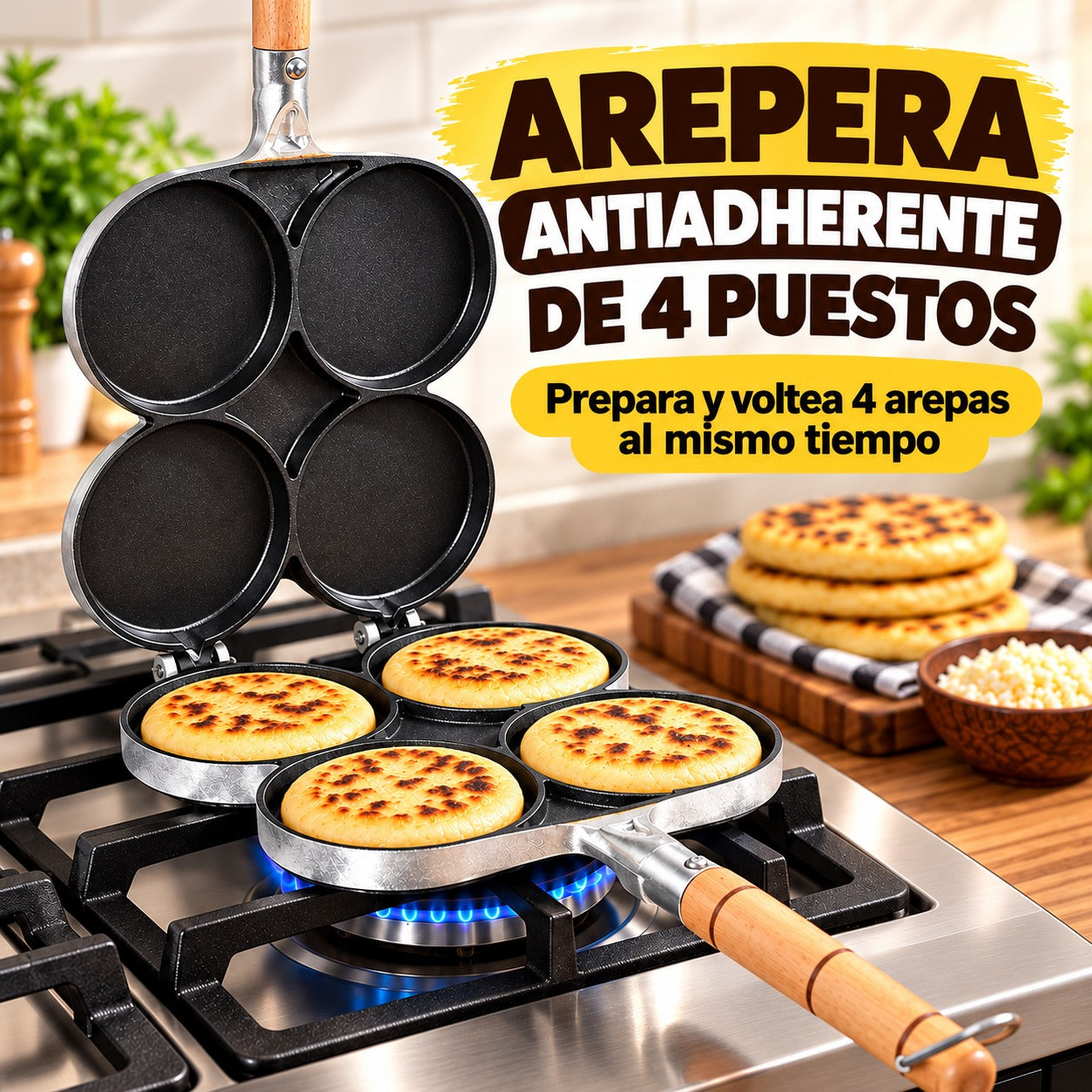 Arepera Antiadherente de 4 Puestos | Prepara y Voltea 4 Arepas Fácilmente